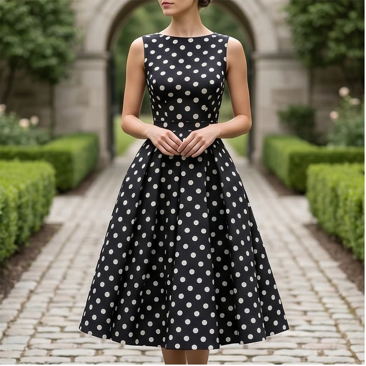 Model wearing Black Elegant Black A-Line Dress with Classic White Polka Dot Print Vintage Sleeveless Midi Dress for Formal Casual Occasions Dresses outdoors