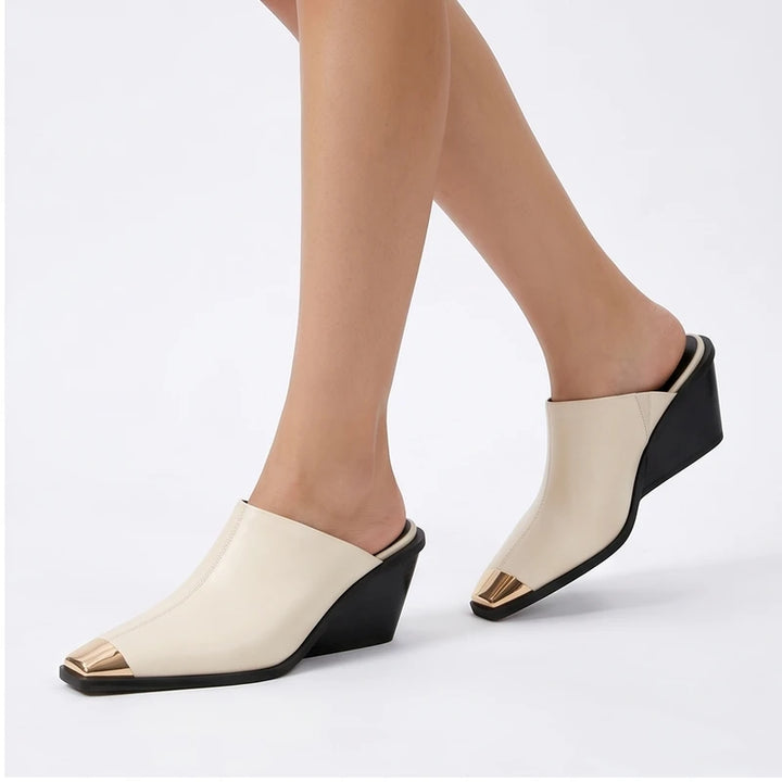 Model wearing White Bardot Genuine Leather Square Toe Mules in studio - 2
