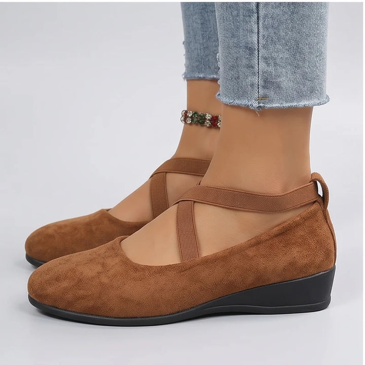 Model wearing Brown Selene Ballet Criss-Cross Flats in studio - 3