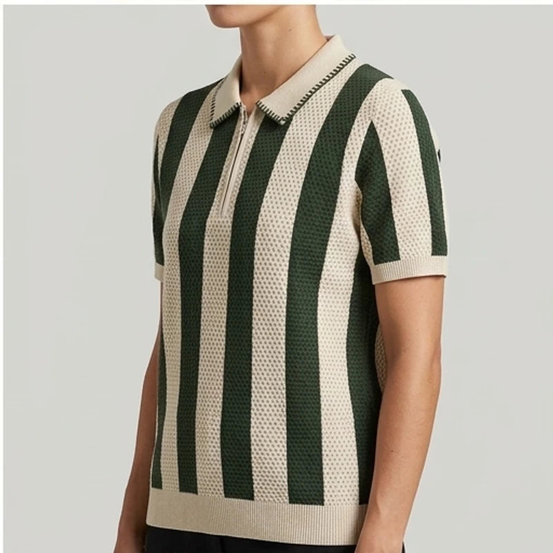 Model wearing Green Corbin Cotton Knit Polo Shirt in studio - 2