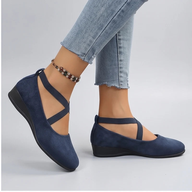 Model wearing Blue Selene Ballet Criss-Cross Flats in studio - 2