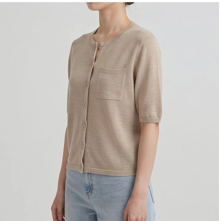 Model wearing Khaki cardigan in a studio - 2