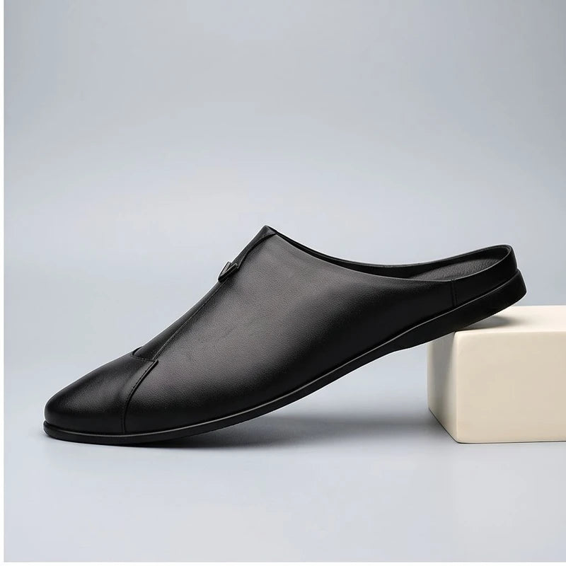 Black 1 Italian Mens Slippers Genuine Leather Muller Shoes Men Loafers Outdoor Non-slip Black Casual Half Slipper Men Fashion Shoes Man product photo - 2