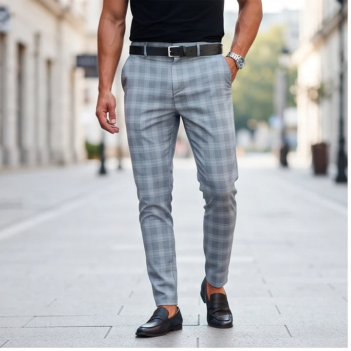 Model wearing Blue trousers outdoors