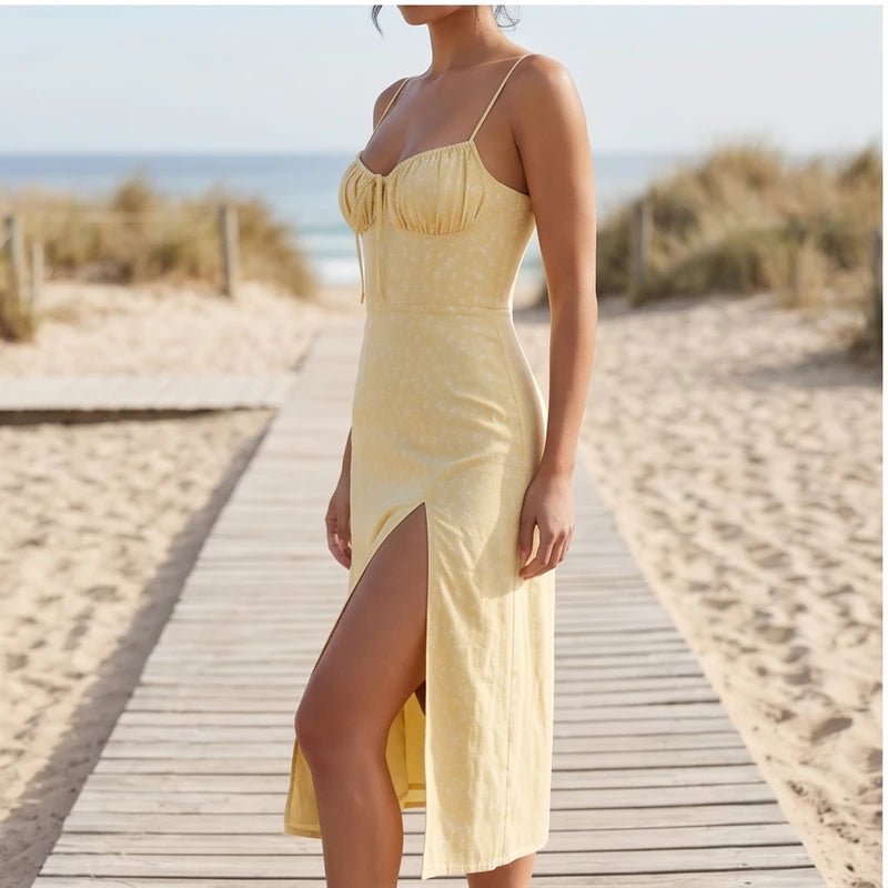 Model wearing Yellow Seraphine Floral Midi Slip Dress outdoors - 3