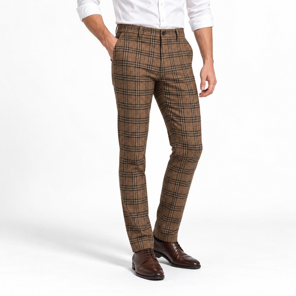 Man wearing slim-fit brown plaid dress slacks with black and tan checks, a white shirt, and brown dress shoes.