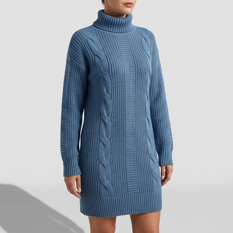 Blue knit dress on an off-gray studio background