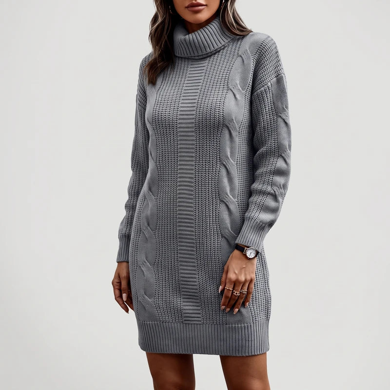 Gray knit dress on an off-gray studio background