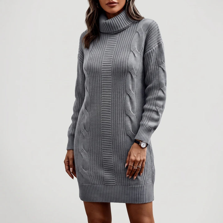 Gray knit dress on an off-gray studio background