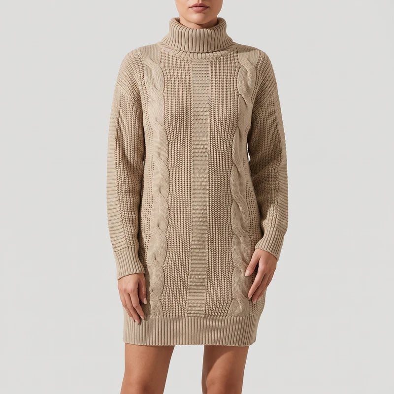 Khaki knit dress on an off-gray studio background