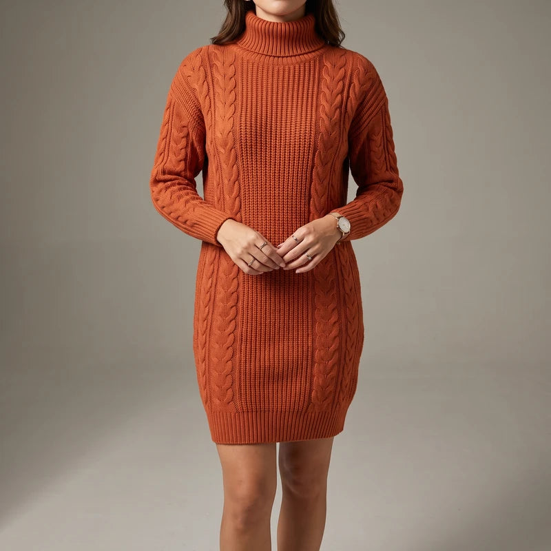 ORANGE RED knit dress on an off-gray studio background