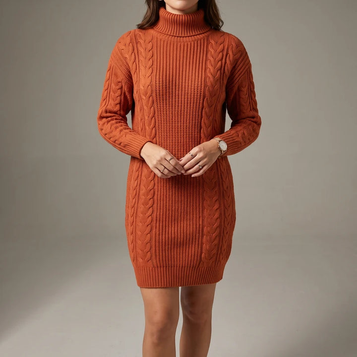 ORANGE RED knit dress on an off-gray studio background