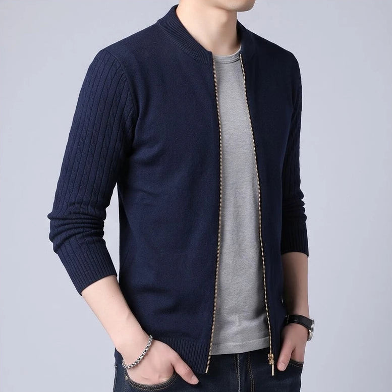 Model wearing Navy Blue knit cardigan in a studio - 3