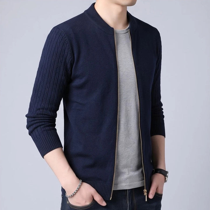 Model wearing Navy Blue knit cardigan in a studio - 3