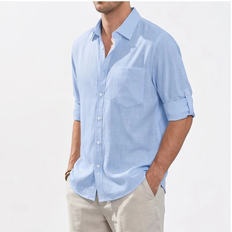 Trenton men's light blue linen button-up shirt with rolled sleeves.