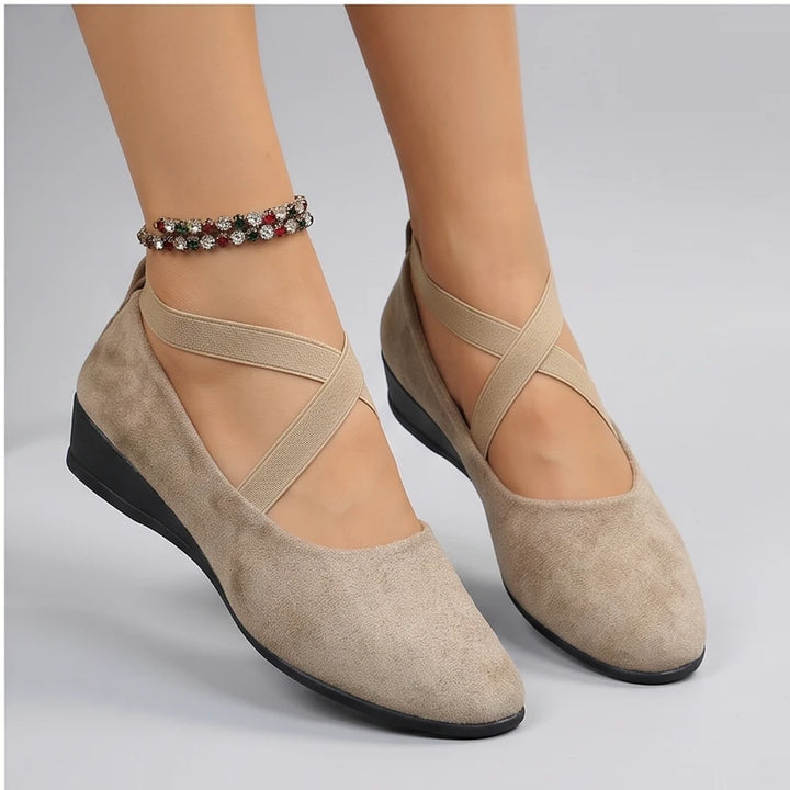 Model wearing Khaki Selene Ballet Criss-Cross Flats in studio - 4