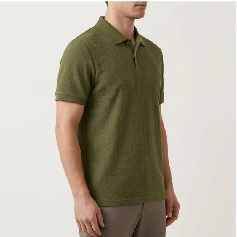 Model wearing Green Ashby Textured Knit Polo Shirt in studio