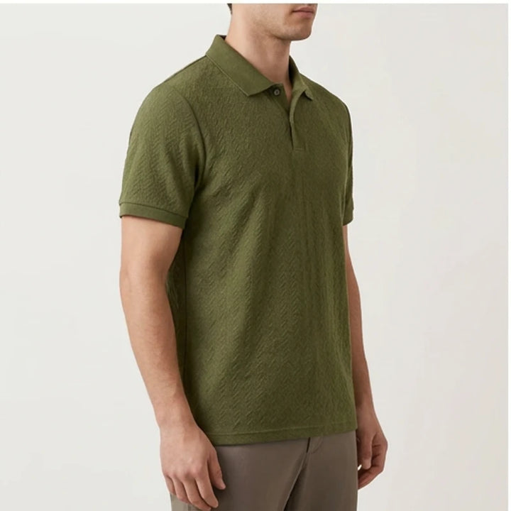 Model wearing Green Ashby Textured Knit Polo Shirt in studio