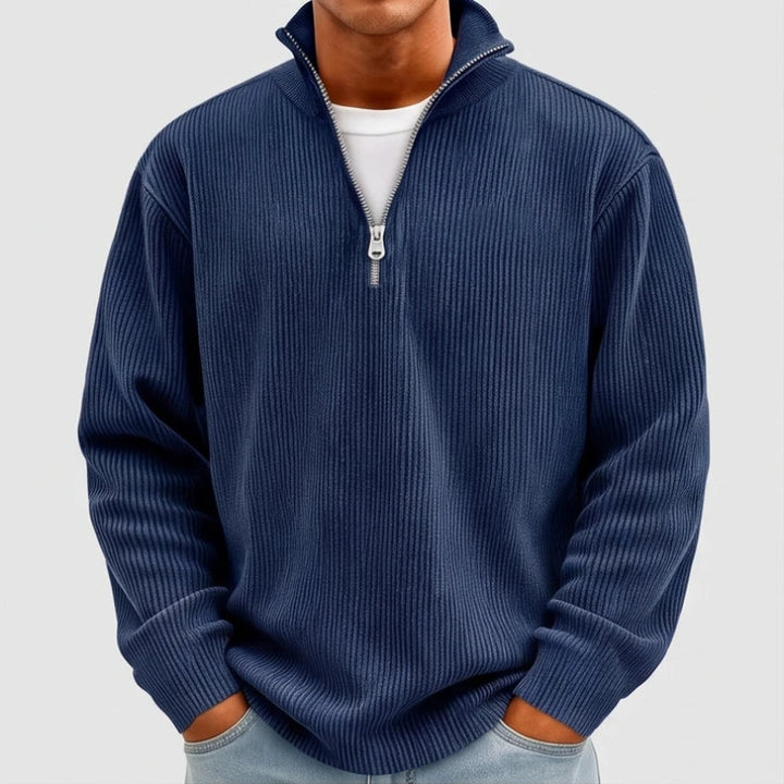 Model wearing Navy corduroy pullover in a studio