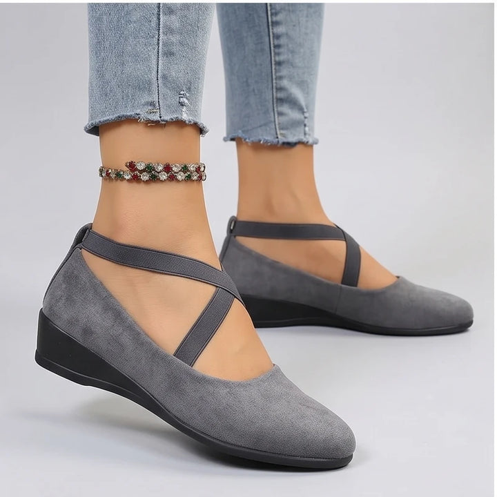 Model wearing Gray Selene Ballet Criss-Cross Flats in studio - 3