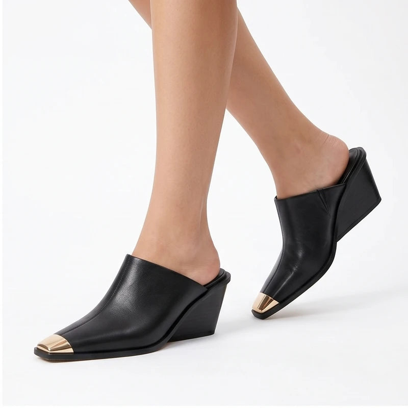 Model wearing Black Bardot Genuine Leather Square Toe Mules in studio - 2