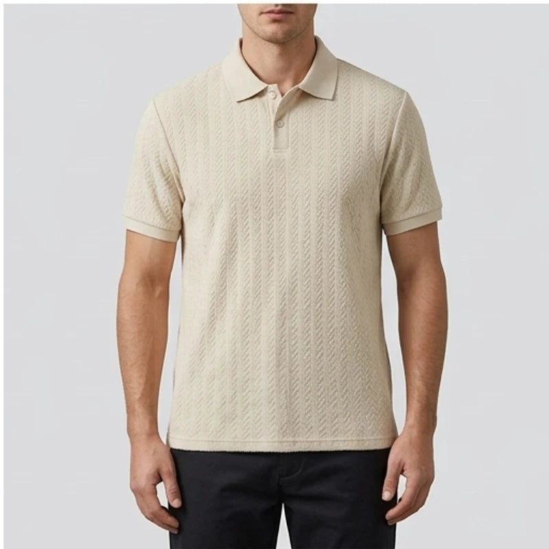 Model wearing Khaki Ashby Textured Knit Polo Shirt in studio - 2