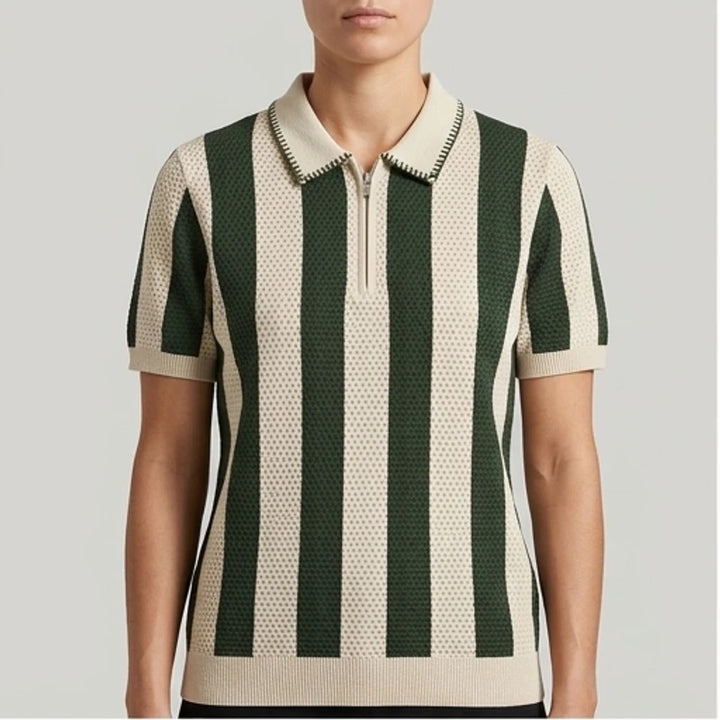 Model wearing Green Corbin Cotton Knit Polo Shirt in studio
