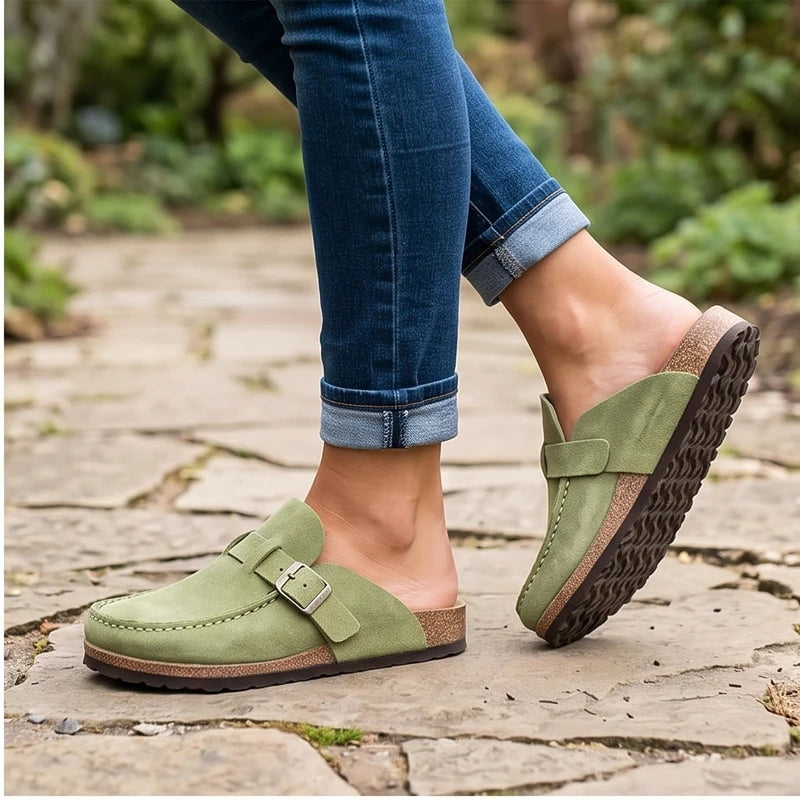 Model wearing Green 2026 New Women's Shoes Slip on Female Flats Durable Belt Buckles Mules Fashion Wear Resistant Women Half Slippers Retro Zapatos outdoors - 2