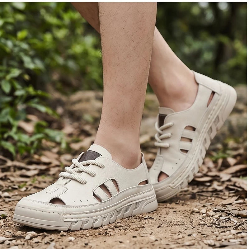 Model wearing Beige New Arrival Men Leather Sandals Slip on Beach Shoes Breathable Summer Casual Shoe Light Sandales Non Slip Male Wading Aqua Shoes outdoors - 2