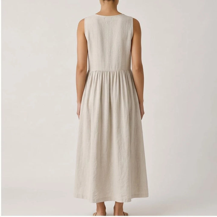 Model wearing Beige Mira Sleeveless Linen Dress in studio - 2