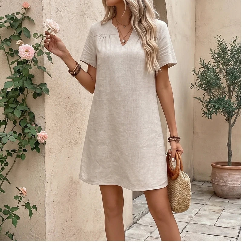 Model wearing Women's Casual Linen V-neck Dress Cotton Clothes Summer Basic Style Mid-waist Knitted Polyester Fabric 2025 Summer Collection Women's Casual Linen V-neck Dress Cotton Clothes Summer Basic Style Mid-waist Knitted Polyester Fabric 2025 Summer Collection outdoors