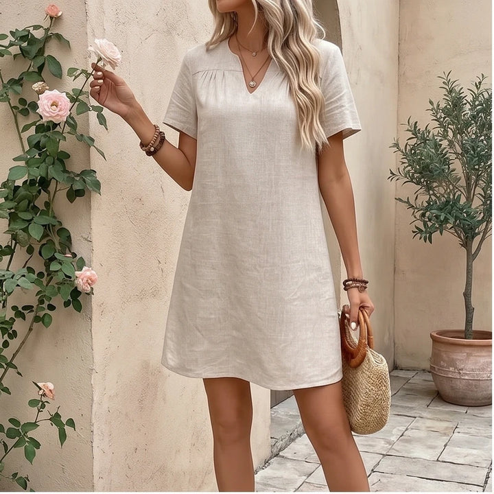 Model wearing Women's Casual Linen V-neck Dress Cotton Clothes Summer Basic Style Mid-waist Knitted Polyester Fabric 2025 Summer Collection Women's Casual Linen V-neck Dress Cotton Clothes Summer Basic Style Mid-waist Knitted Polyester Fabric 2025 Summer Collection outdoors