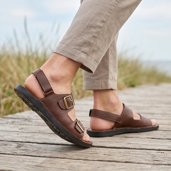 Model wearing Brown Kensington Genuine Leather Double-Strap Sandals outdoors - 2