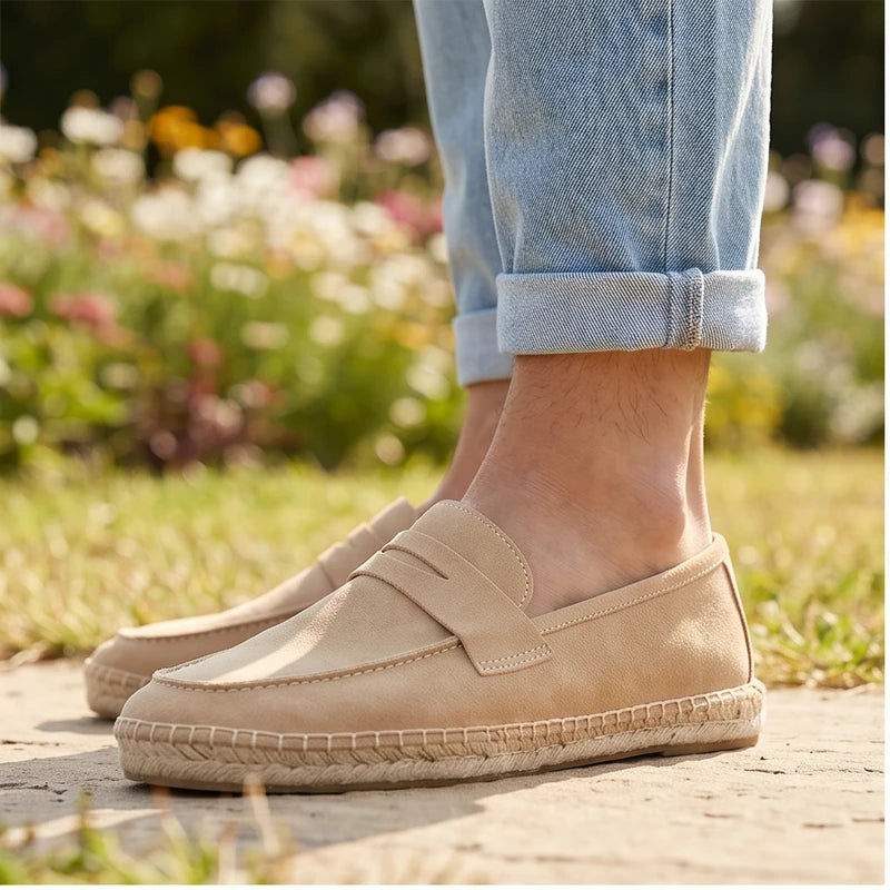 Model wearing Sand Men's Jute Espadrilles Slip on Loafers Cow Suede Leather Casual Shoes outdoors