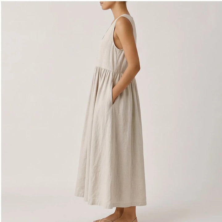 Model wearing Beige Mira Sleeveless Linen Dress in studio - 3