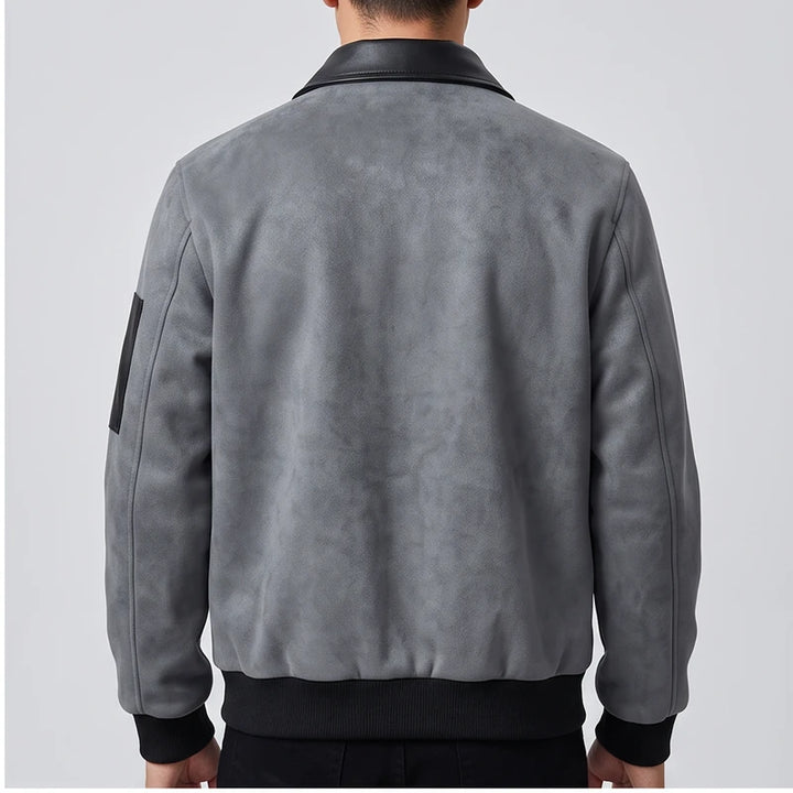 Model wearing Gray suede jacket in a studio - 2