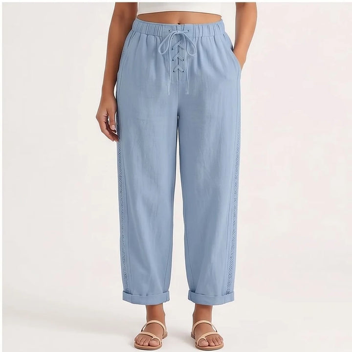 Model wearing Light Grey Wide Leg Pants Women Casual Straight Ankle Length Trousers High Waist Elastic Waist Lace Up Pockets Slacks 2025 Streetwear in studio - 3