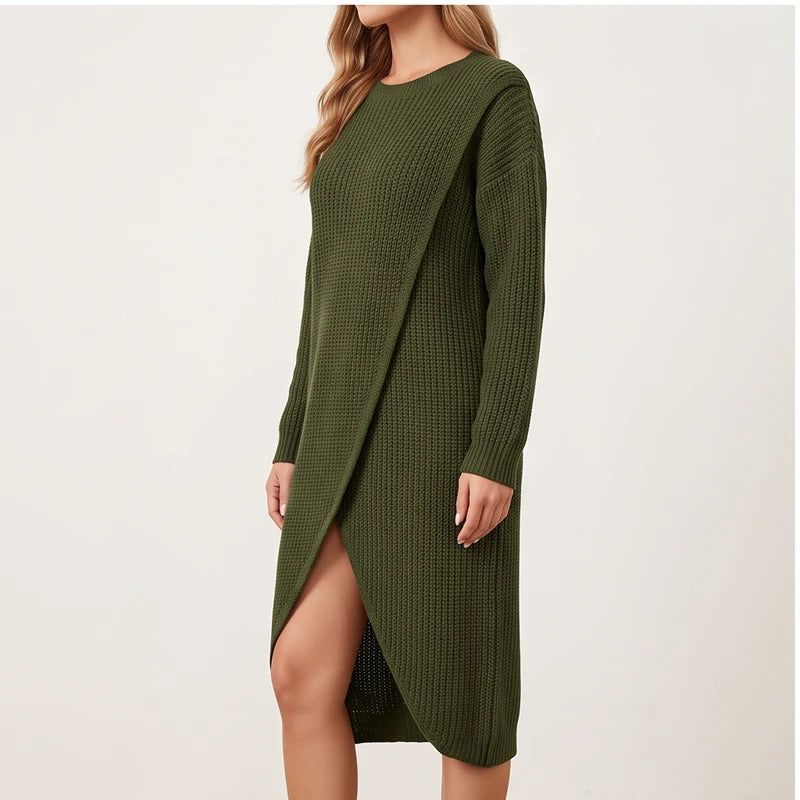 Model wearing Green knit sweater in a studio