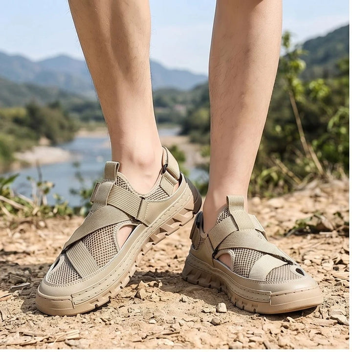 Model wearing Beige Ridgeway Mesh Sport Sandals outdoors