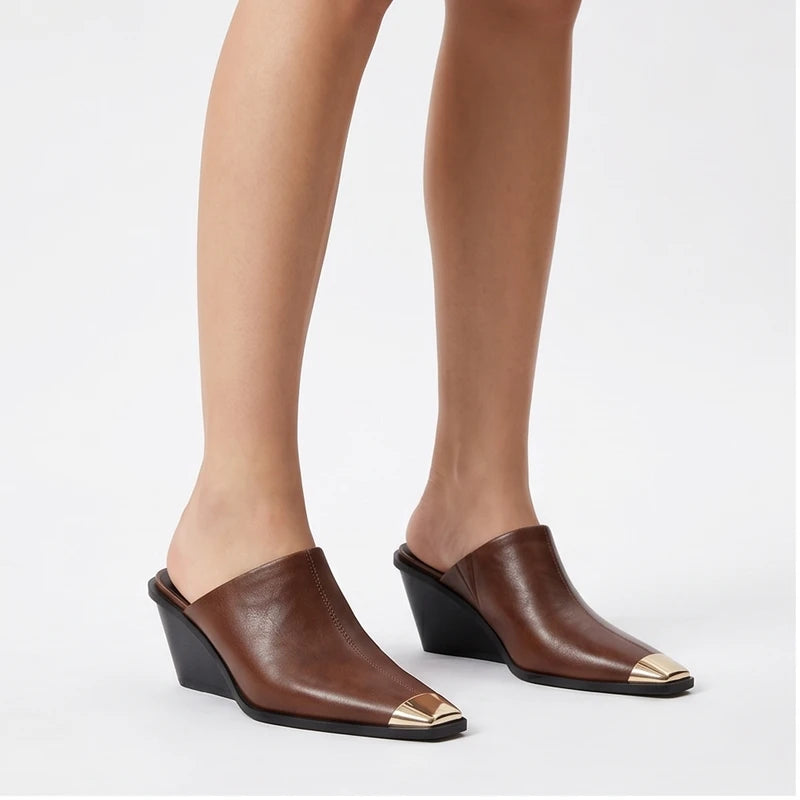 Model wearing Brown Bardot Genuine Leather Square Toe Mules in studio