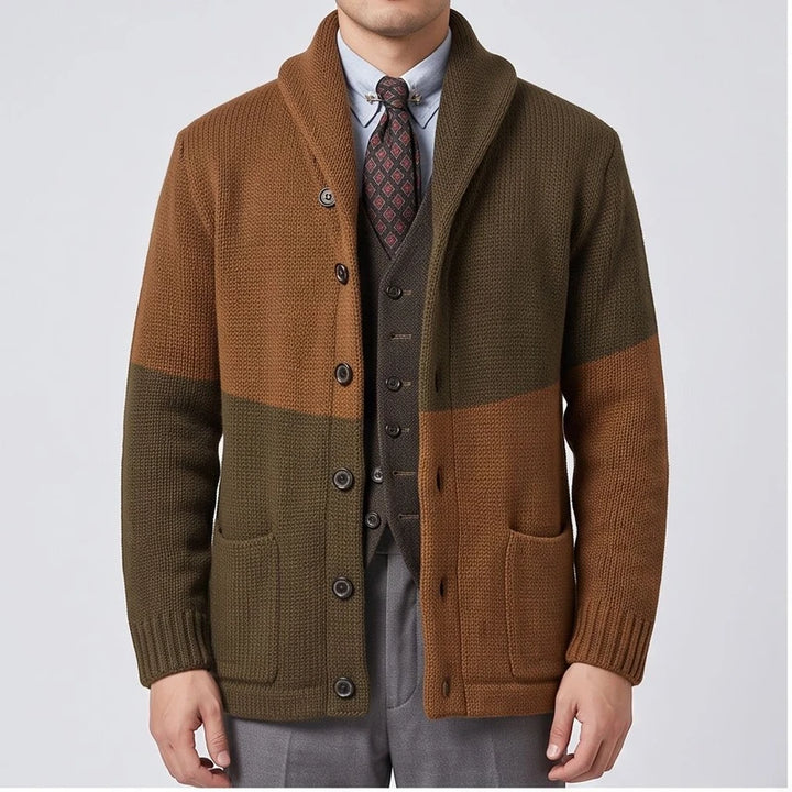 Model wearing Brown knitted cardigan in a studio
