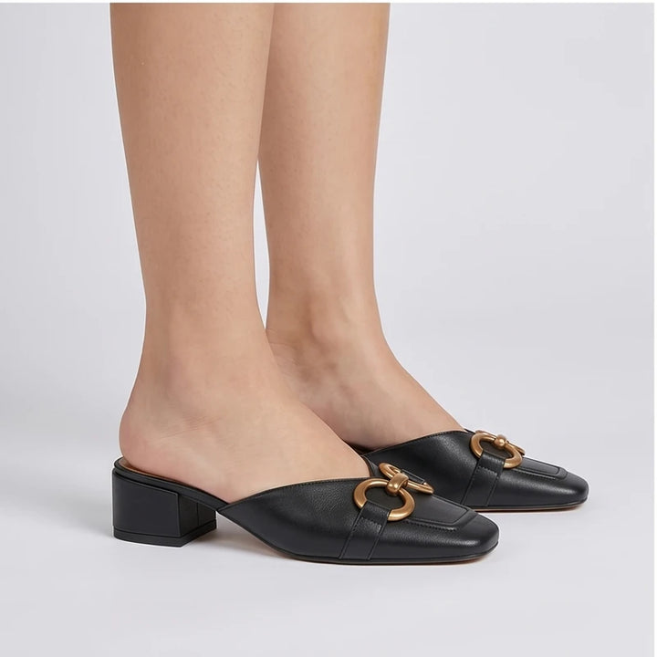 Model wearing Black Quincy Genuine Leather Square Toe Mules in studio - 3