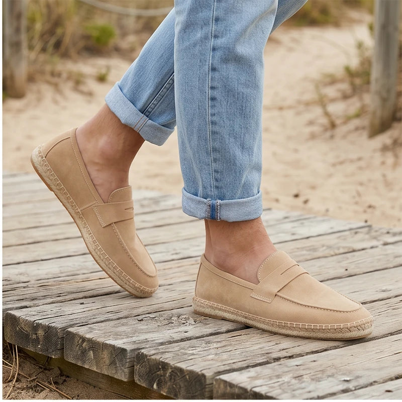 Model wearing Sand Men's Jute Espadrilles Slip on Loafers Cow Suede Leather Casual Shoes outdoors - 2