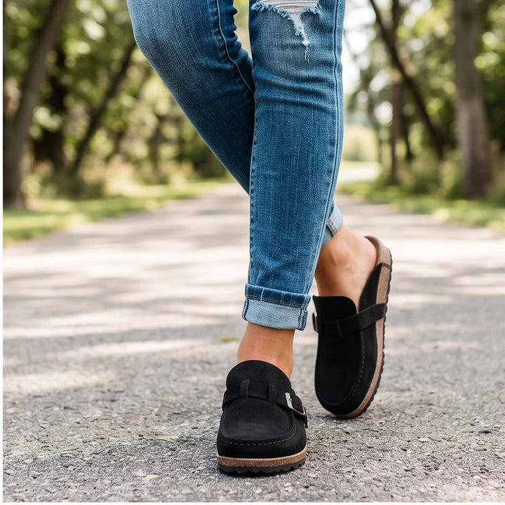 Model wearing Black 2026 New Women's Shoes Slip on Female Flats Durable Belt Buckles Mules Fashion Wear Resistant Women Half Slippers Retro Zapatos outdoors - 2