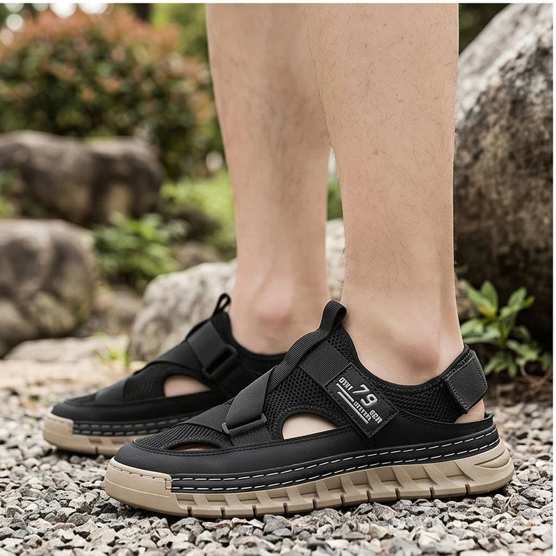 Model wearing Black Ridgeway Mesh Sport Sandals outdoors - 3