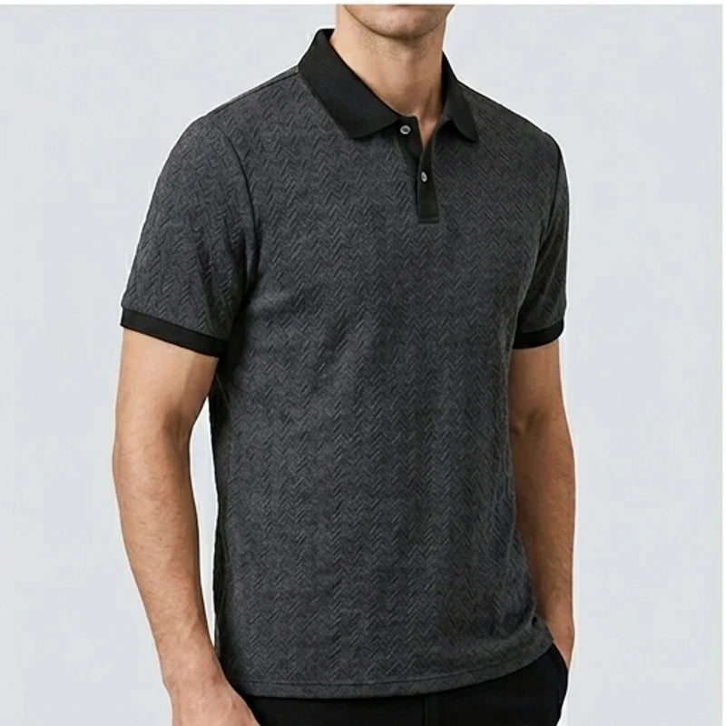 Model wearing Gray Ashby Textured Knit Polo Shirt in studio - 2