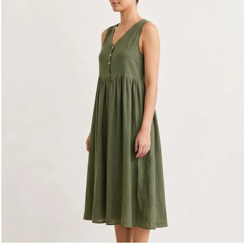 Model wearing Green Mira Sleeveless Linen Dress in studio - 2