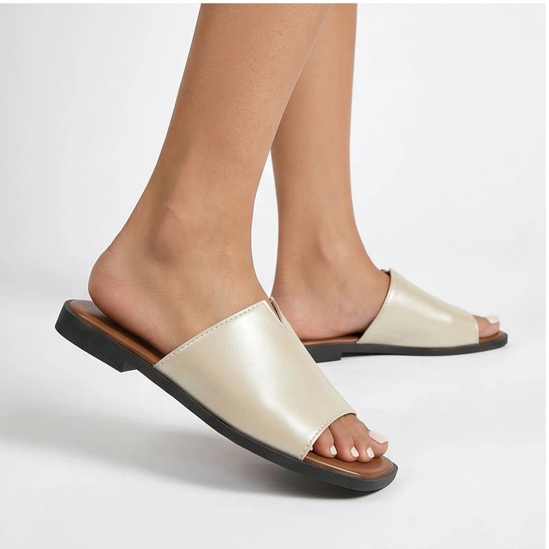 Model wearing Beige Shiny Metallic Flat Slides for Women Square Toe Open Toe Lightweight Comfortable Summer Beach Casual Daily Walking Shoes in studio - 3