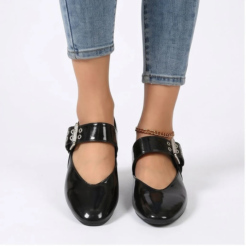 Model wearing Black Larkin Buckle Mary Jane Flats in studio