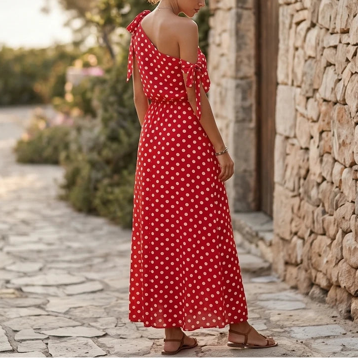 Model wearing Red Sexy Off Shulder Hight Waist Maxi Dress 2026 Fashion Bow Lace-Up Party Dress Elegant Polka Dot Print Sleeveless Long Dress outdoors - 2